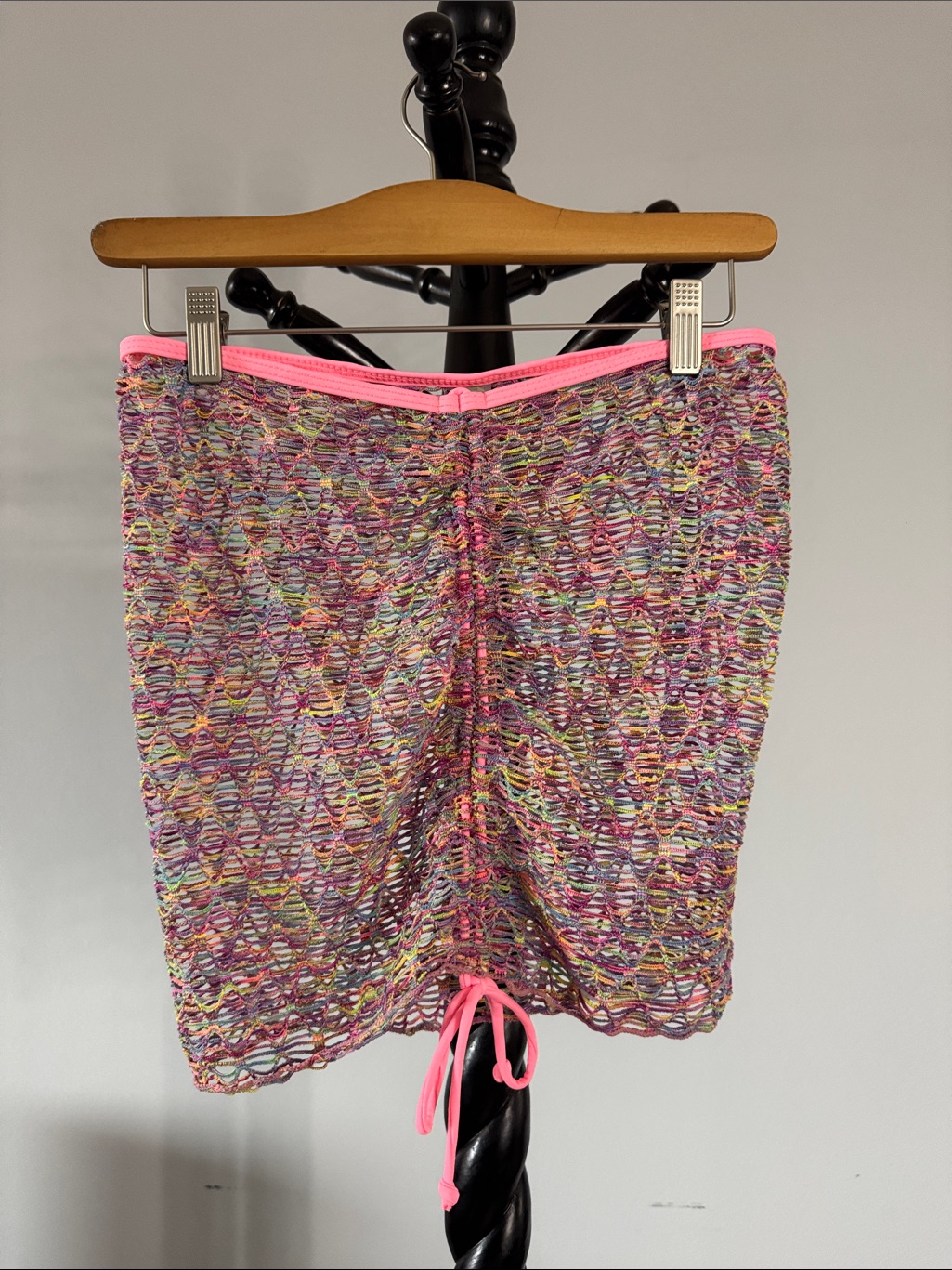 Multicolor Crochet Cover-Up Skirt With Pink Trim